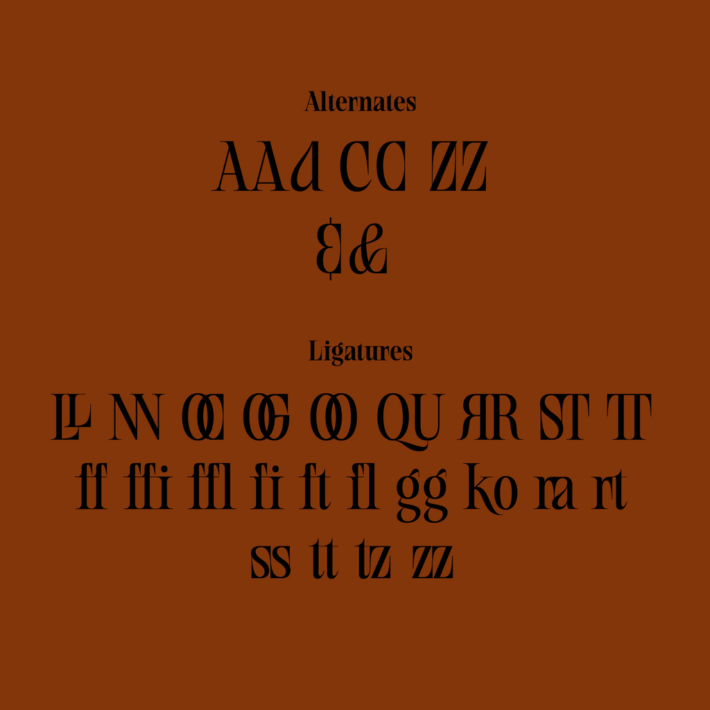 Display of typographic alternates and ligatures on a brown background