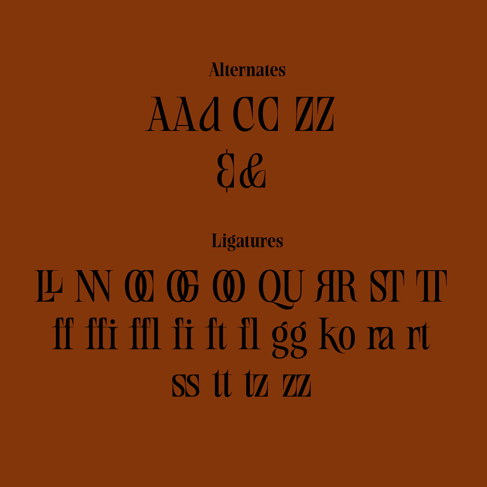 Display of typographic alternates and ligatures on a brown background