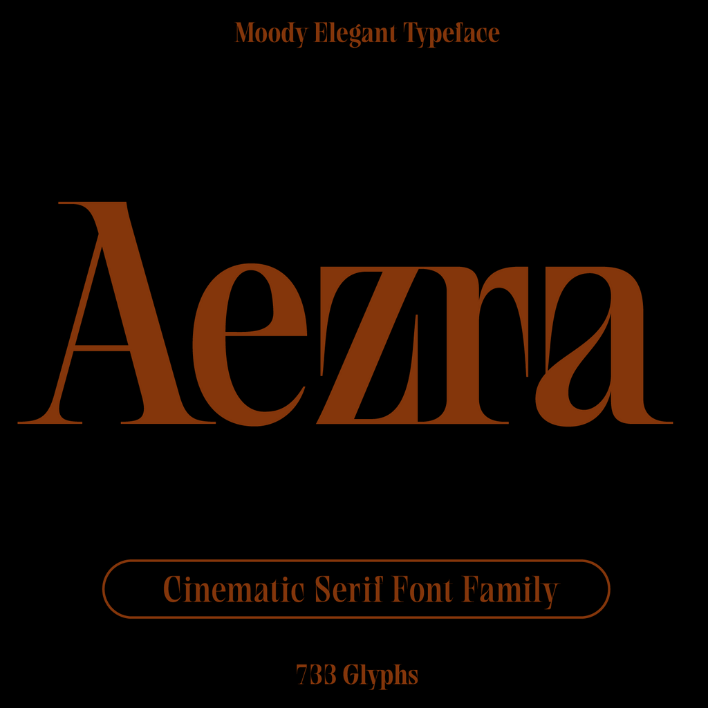 Cinematic serif font family 'Aezra' displayed on a black background