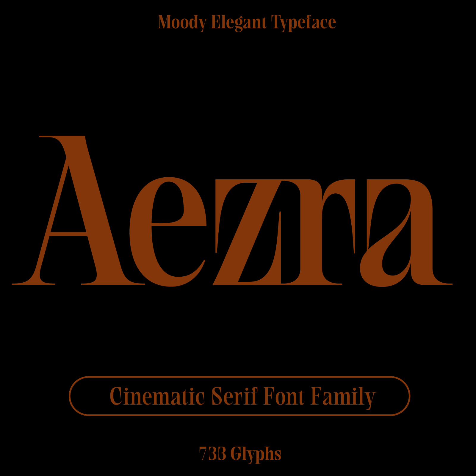 Cinematic serif font family 'Aezra' displayed on a black background