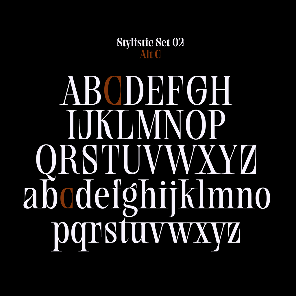 Stylistic letter set on a black background with 'Stylistic Set 02' text.