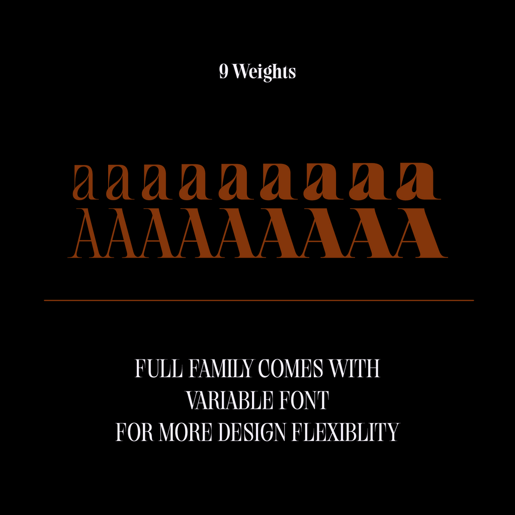 Comparison of different font weights on a black background with text about variable font family.