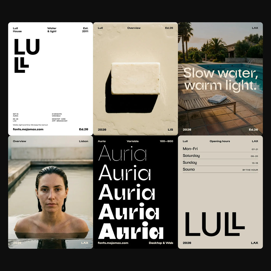 Auria wavy sans in a brand campaign for a late-summer pool house: spec sheet, pool photos, weights and opening hours