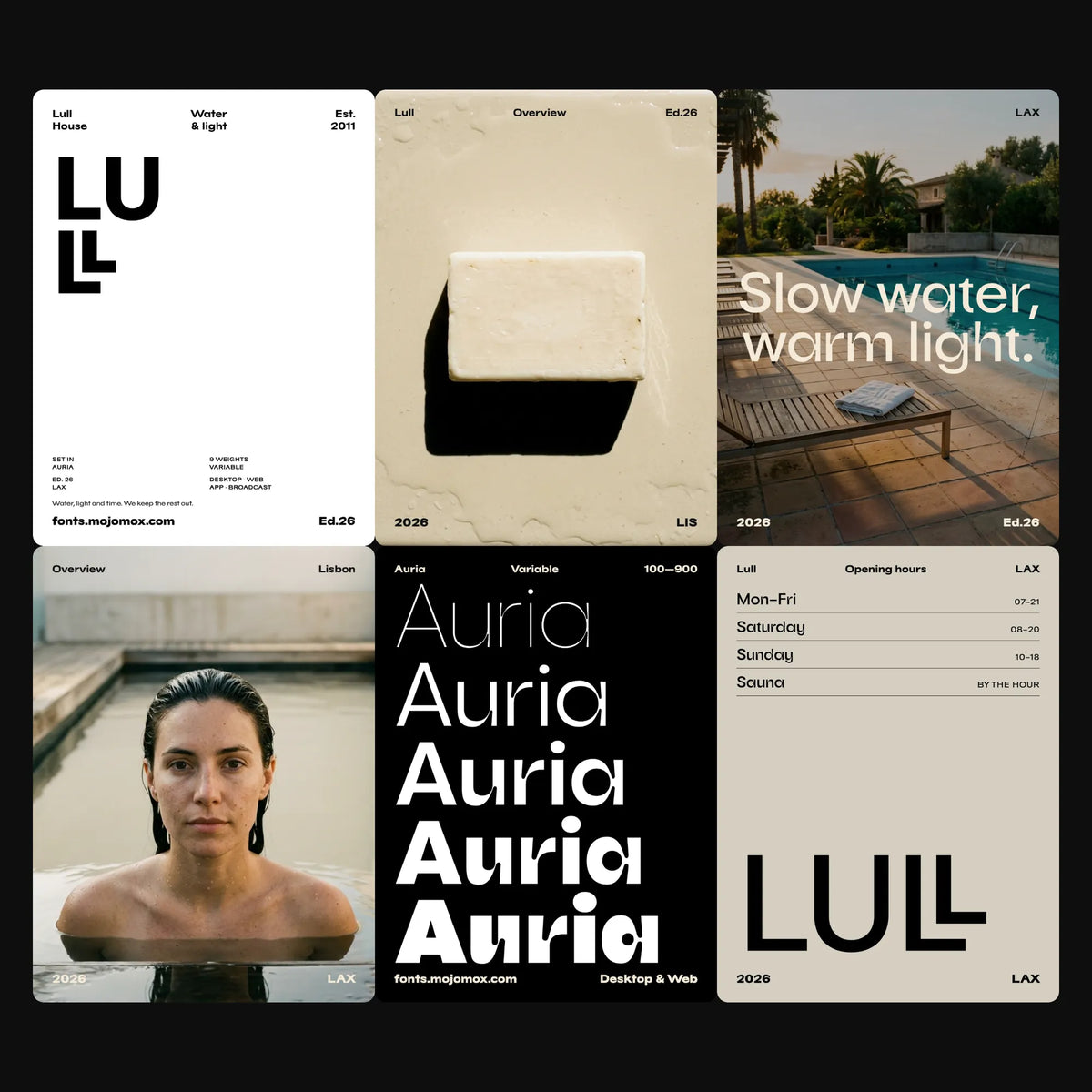 Auria wavy sans in a brand campaign for a late-summer pool house: spec sheet, pool photos, weights and opening hours