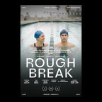 Auria wavy sans as a romantic comedy poster title, Rough Break, two swimmers in a Los Angeles public pool