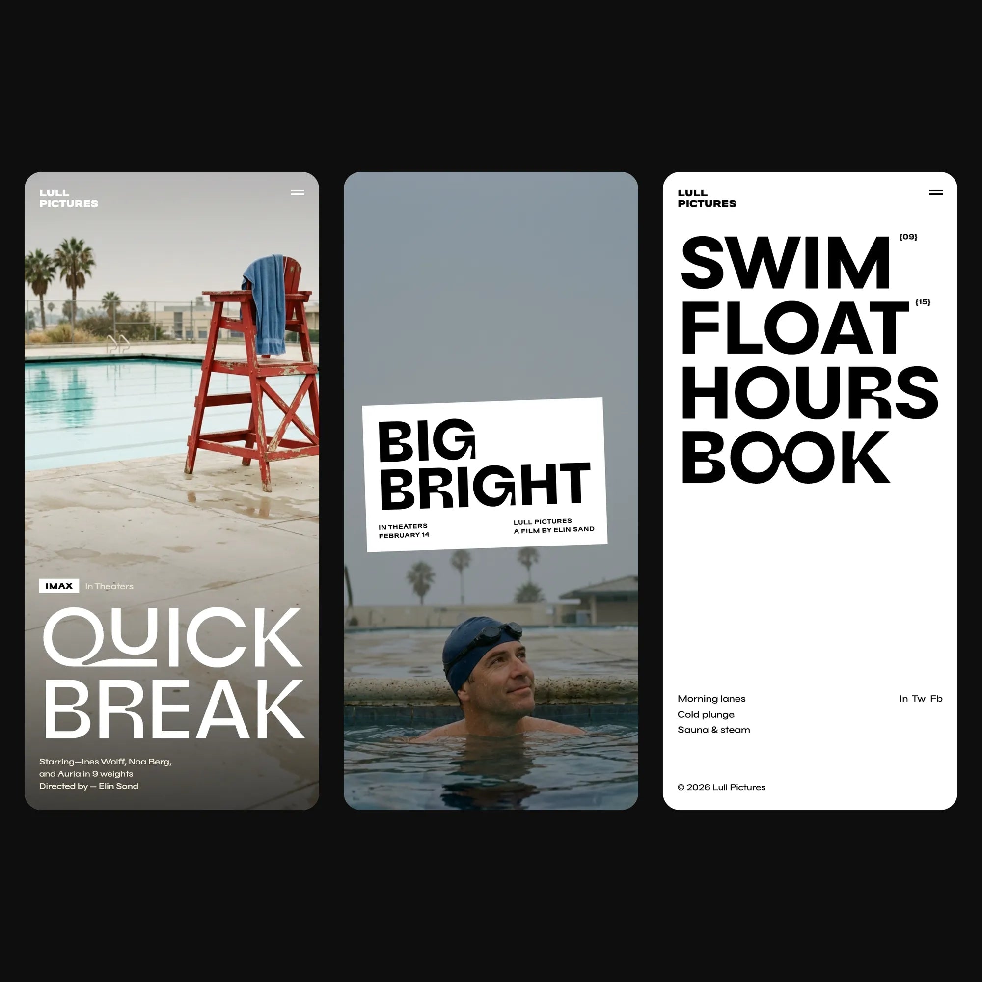 Auria wavy sans on a film studio's mobile website: lifeguard chair hero, title slab over a swimmer, menu