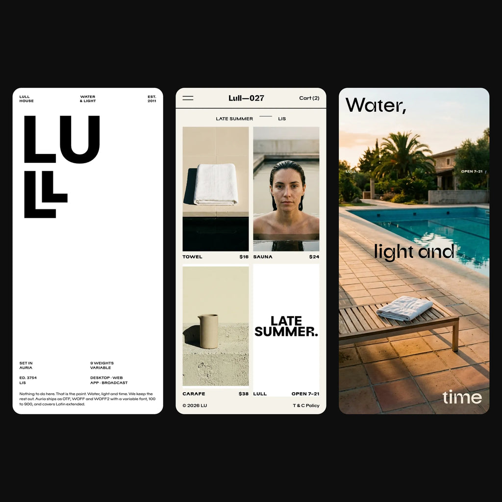 Auria wavy sans on a pool house's mobile website: spec sheet, shop grid and words over the pool