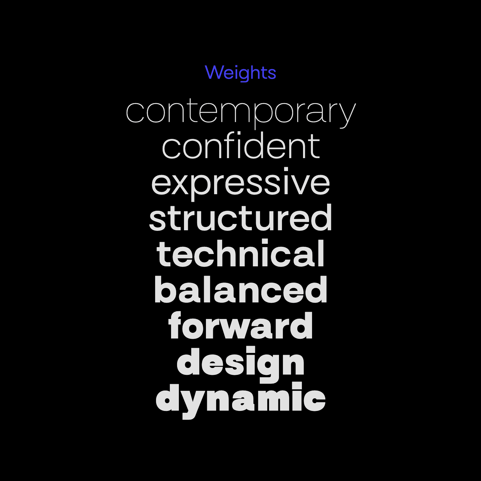 Text describing various design attributes in 9 font weights