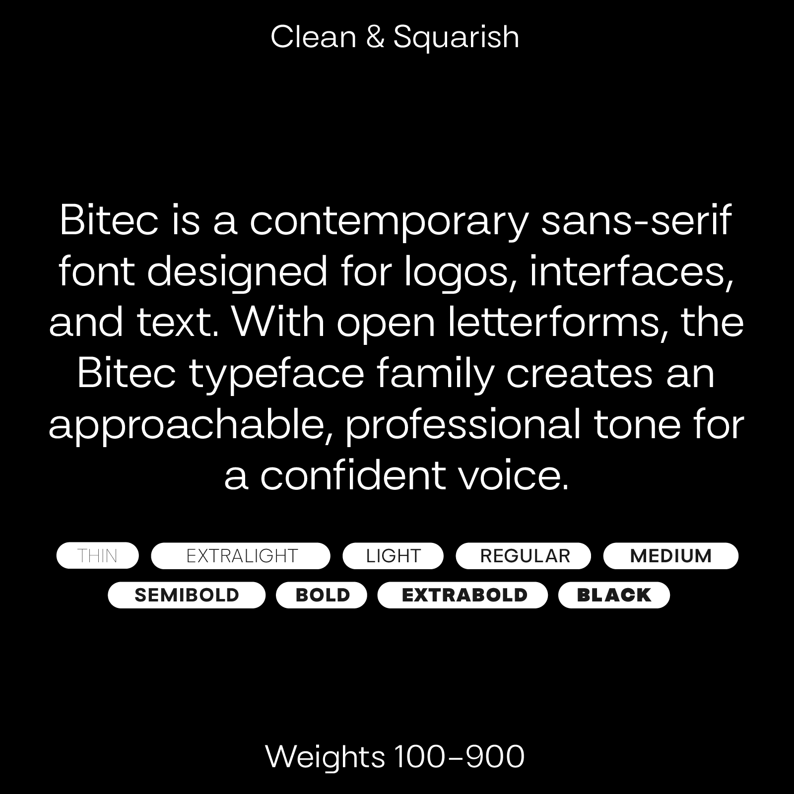 Typeface character description for Bitec font family with text and weight options