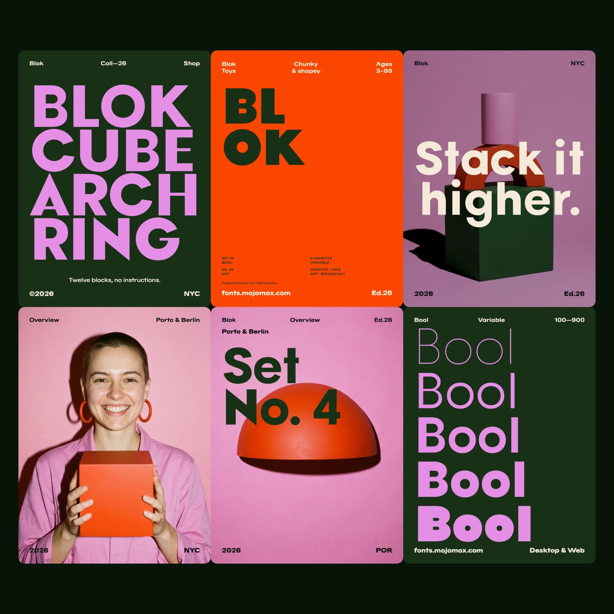 Bool bold sans with light crossbars in a brand campaign for a toy maker: names, spec sheet, stacked shapes, portrait and weights