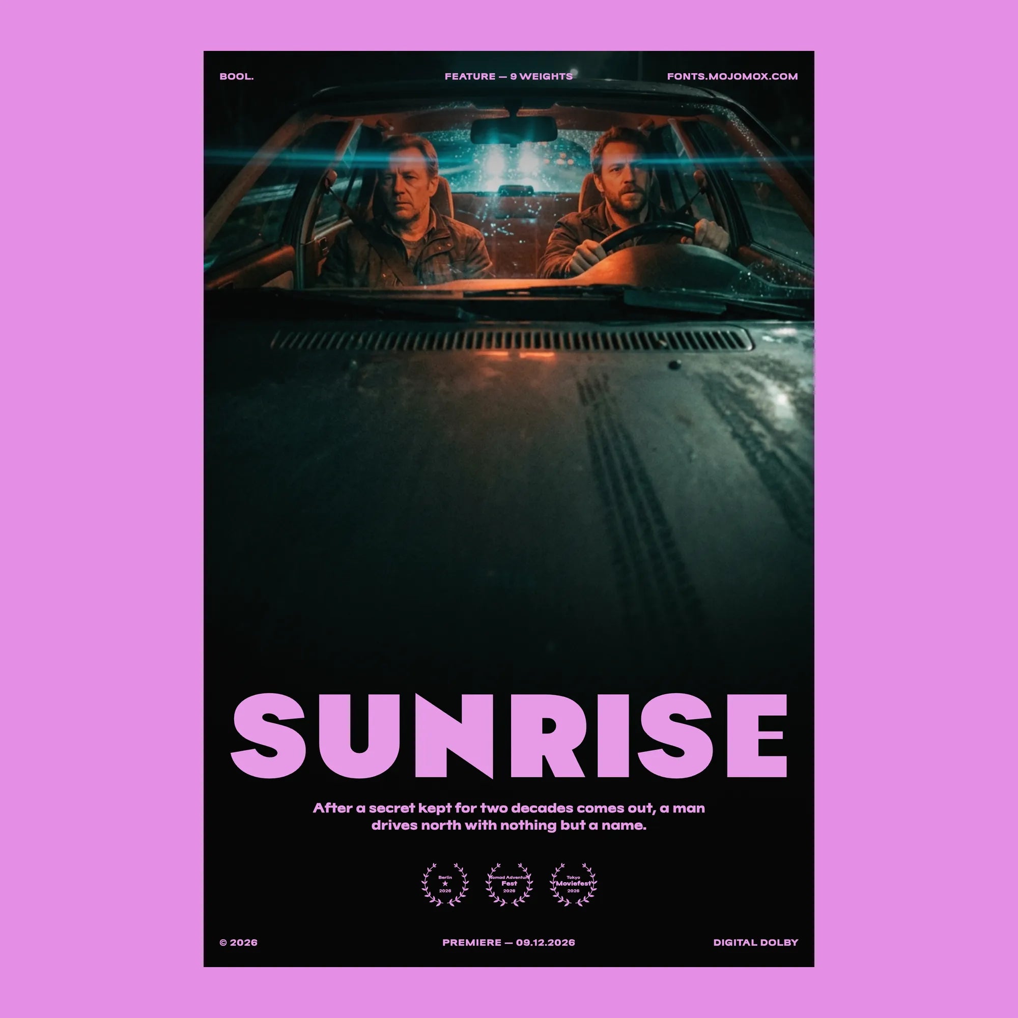 Bool bold sans as a thriller poster title, Sunrise, two men in a car at night