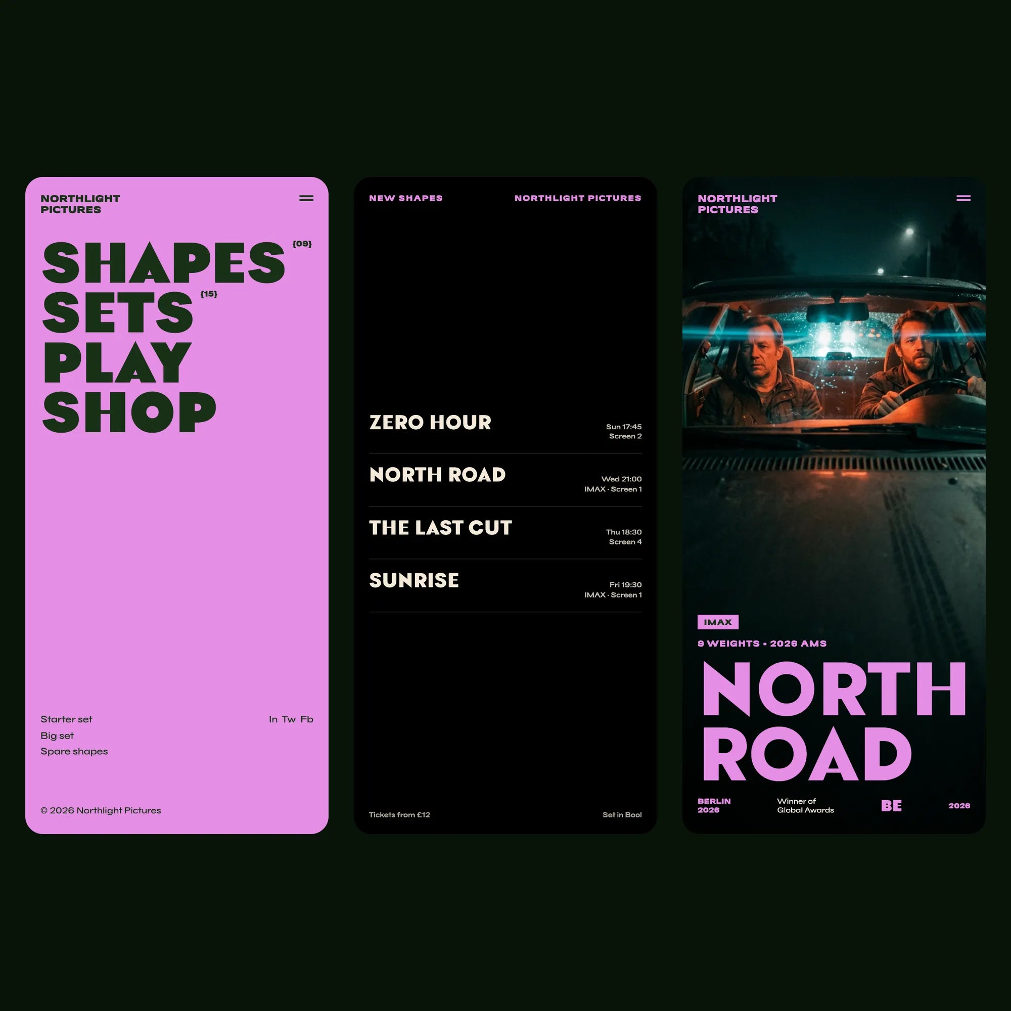 Bool bold sans on a film studio's mobile website: menu, listings and a still