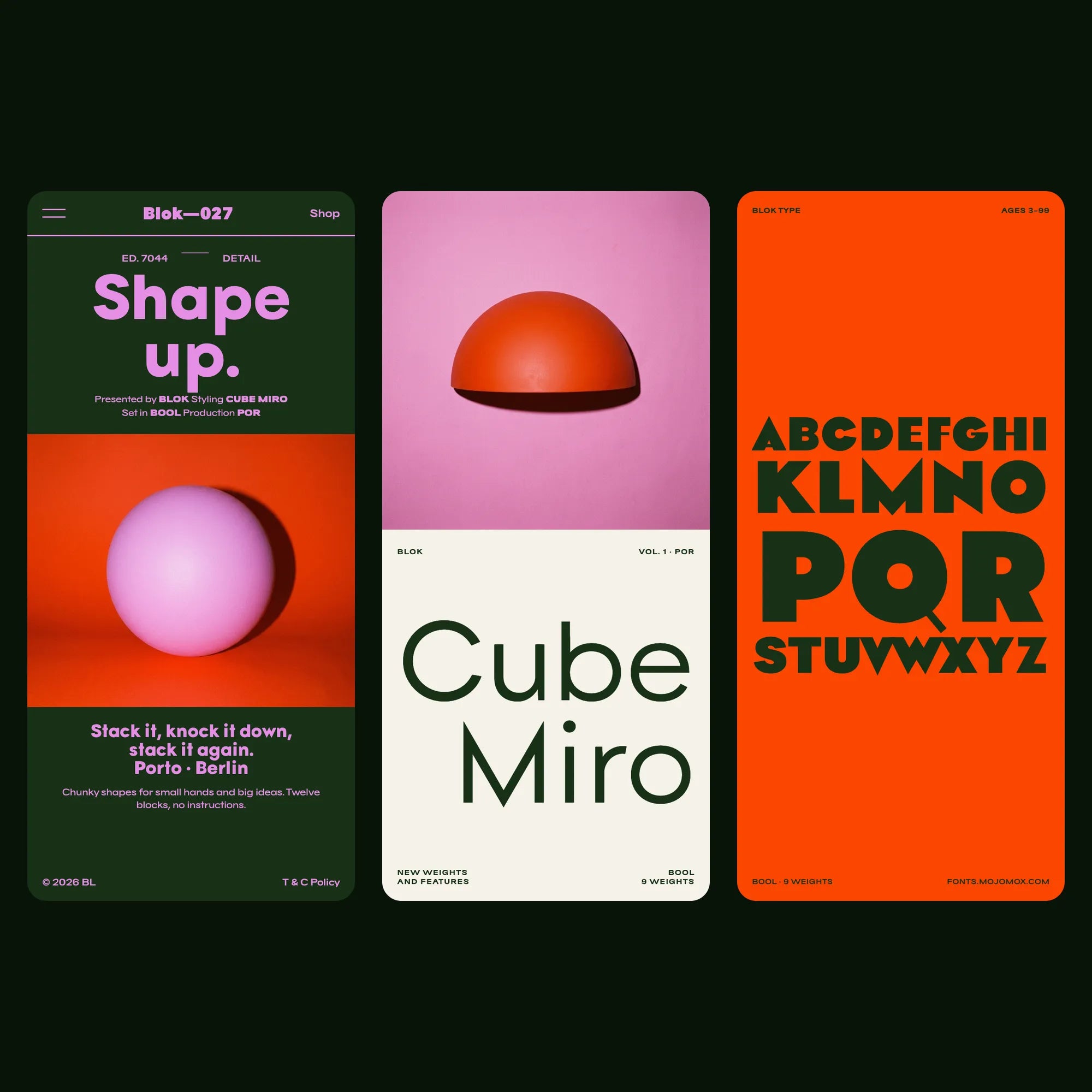 Bool bold sans on a toy maker's mobile website: story, split page and alphabet screens