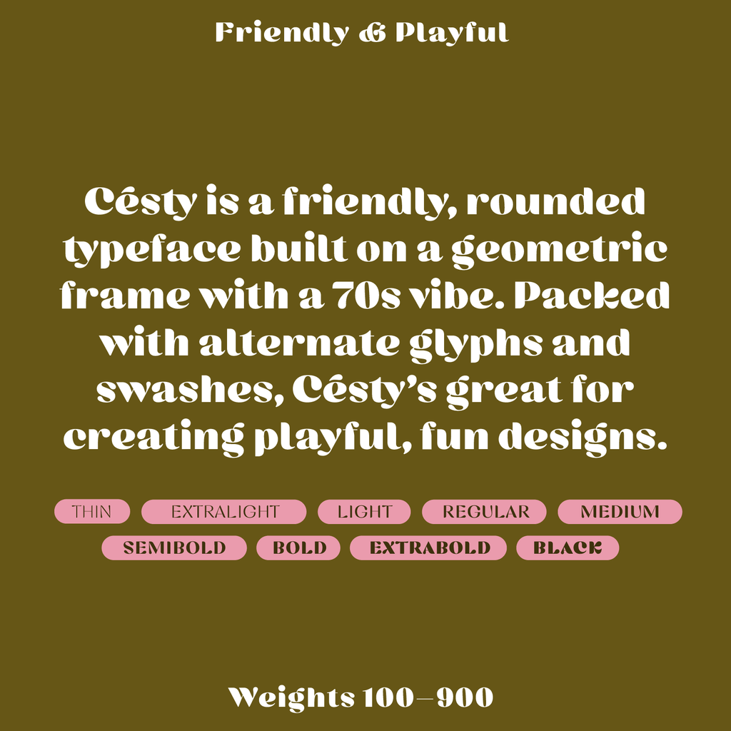 Cesty font: rounded, soft, friendly, playful with swashes