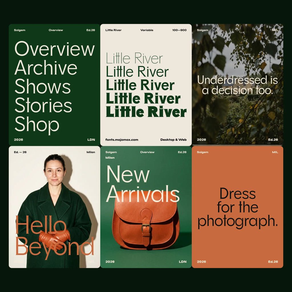 Little River light serif family in a brand campaign: names, headlines, weights 300 to 900 and a type specimen
