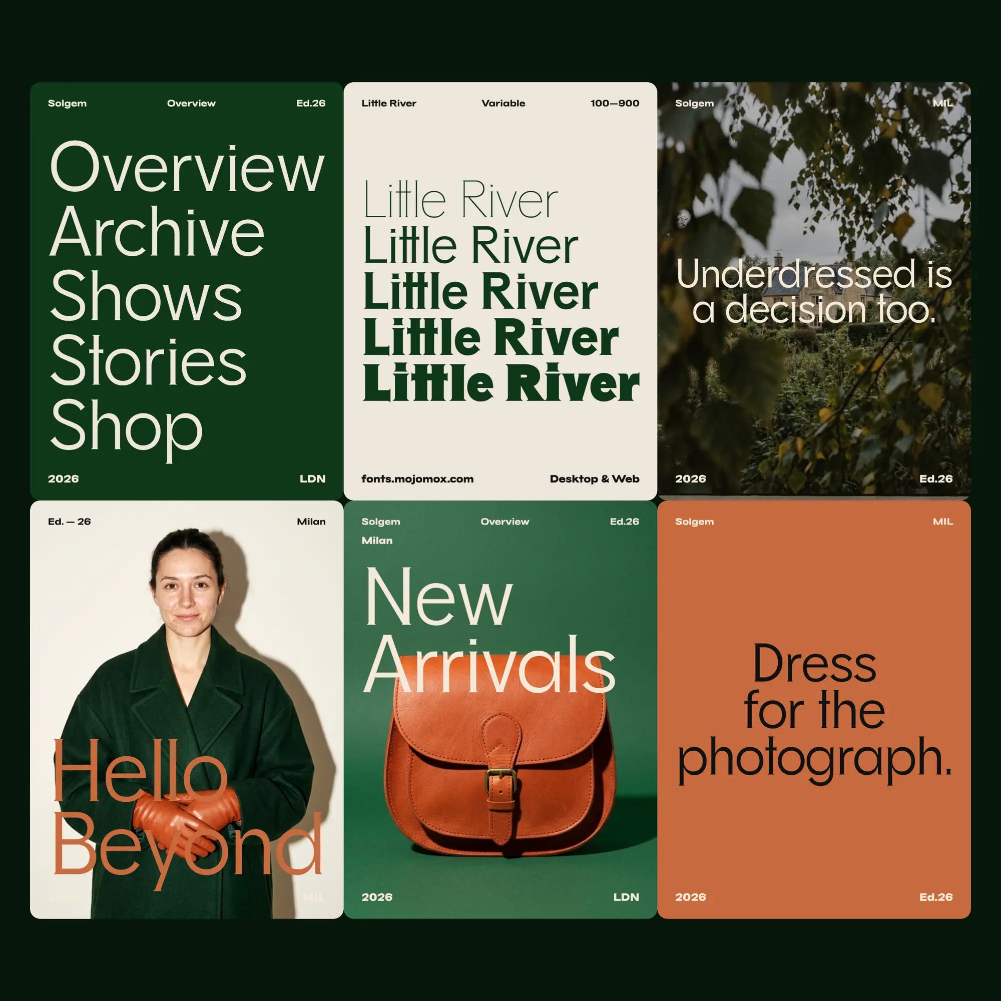 Little River light serif family in a brand campaign: names, headlines, weights 300 to 900 and a type specimen