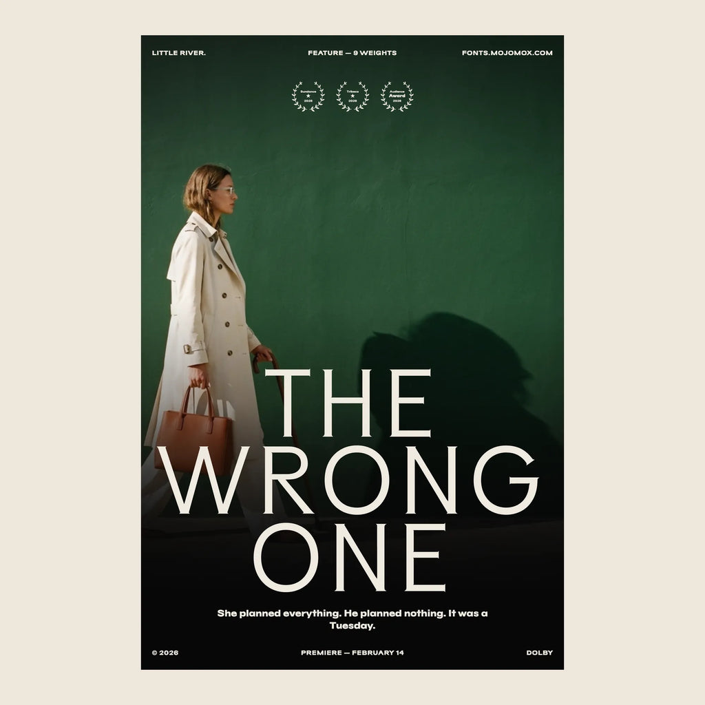 Little River sophisticated font as a film poster title, The Wrong One, with credits and festival laurels