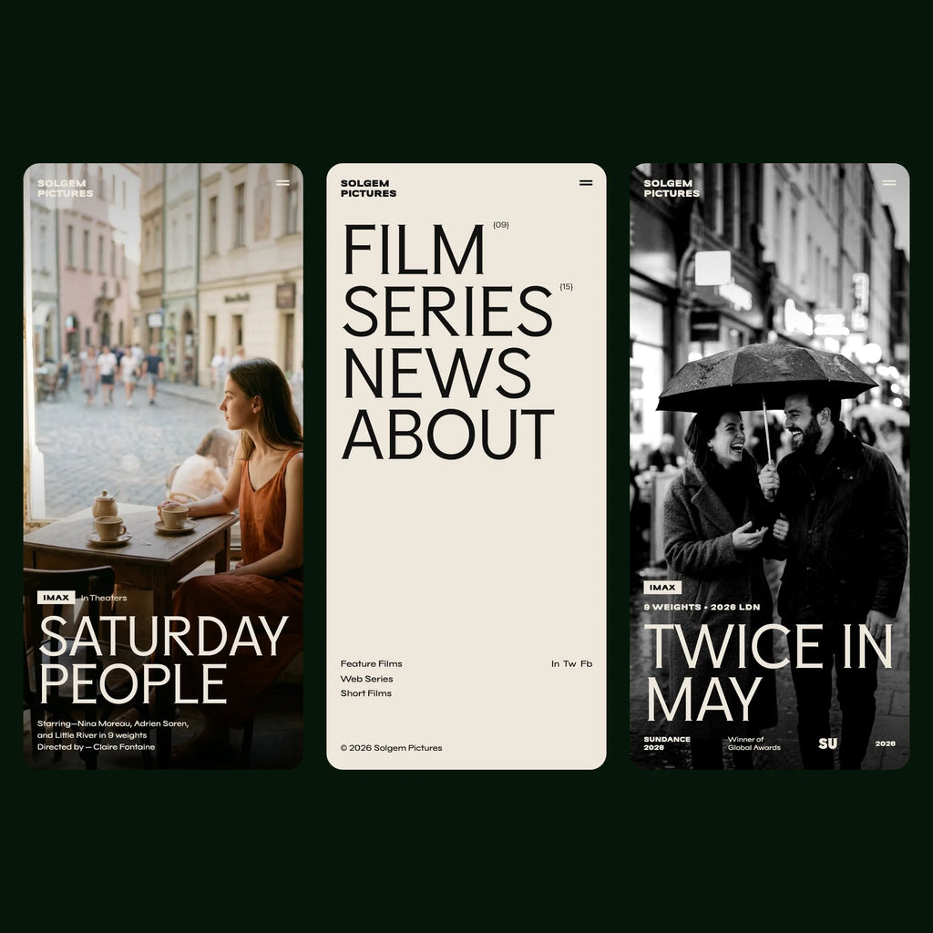 Little River sophisticated font on a film studio's mobile website: hero, menu and a black and white still