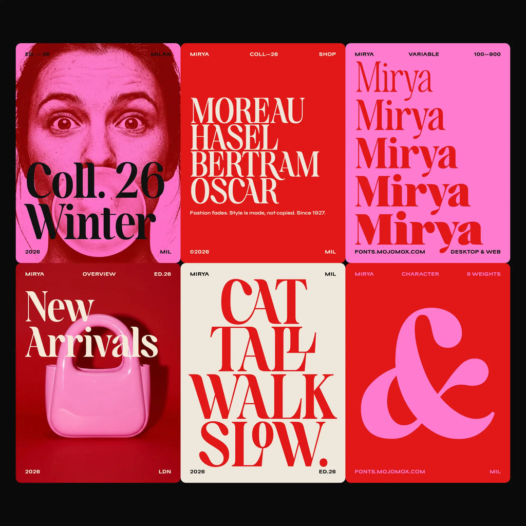Mirya soft condensed serif font in a fashion campaign: duotone portrait, names in capitals, weights 100 to 900, ligatures and a large ampersand