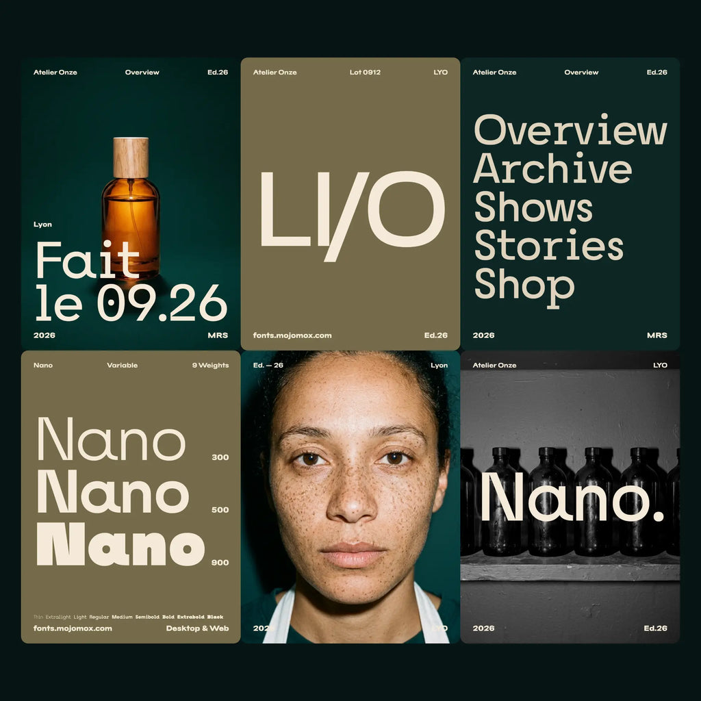 Nano bold slab serif in a brand campaign for a Paris perfume atelier: bottle, weights, nav list, portrait and shelf