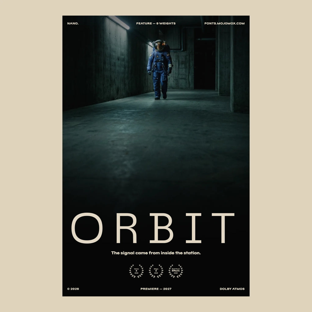Nano bold slab serif as a science fiction film poster title, Orbit, with credits and festival laurels