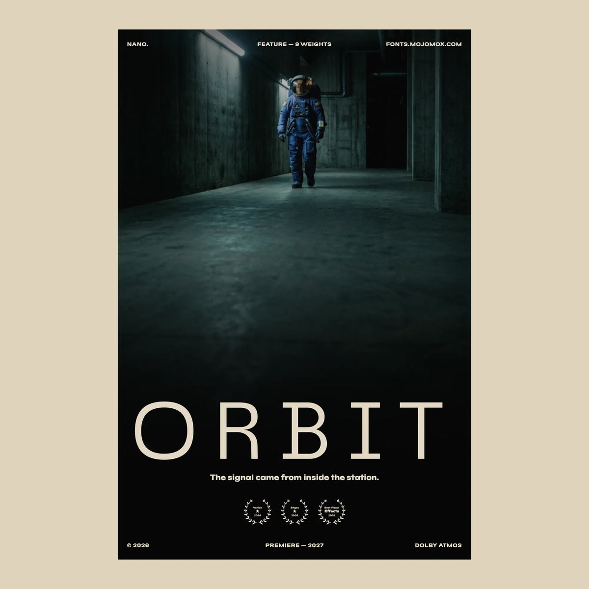 Nano bold slab serif as a science fiction film poster title, Orbit, with credits and festival laurels