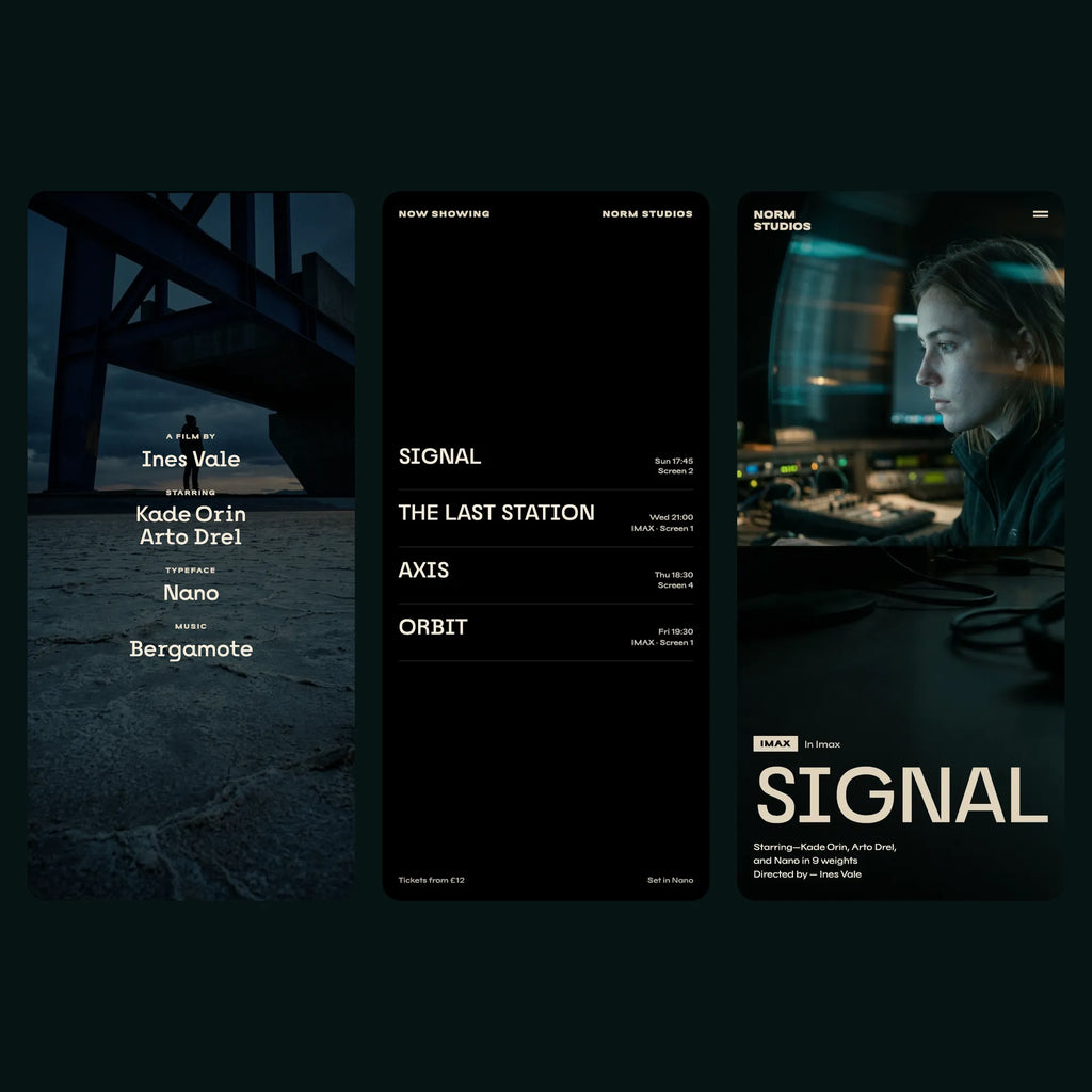 Nano bold slab serif on a film studio's mobile website: credit roll, listings and hero still