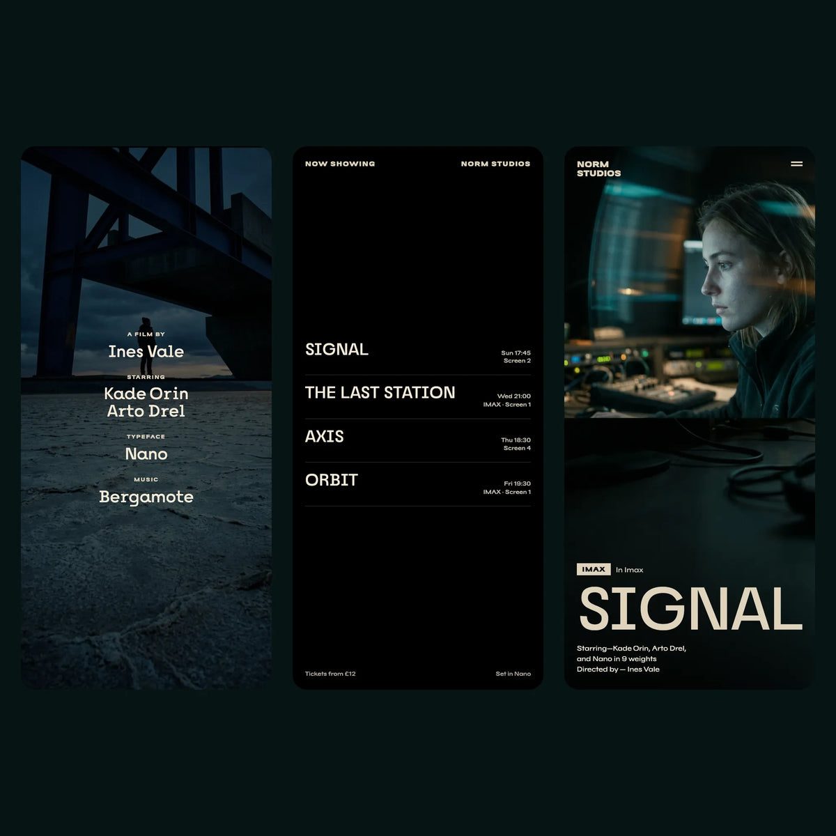 Nano bold slab serif on a film studio's mobile website: credit roll, listings and hero still