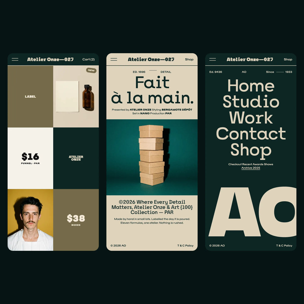 Nano bold slab serif on a perfume atelier's mobile website: shop tiles, story and nav list screens