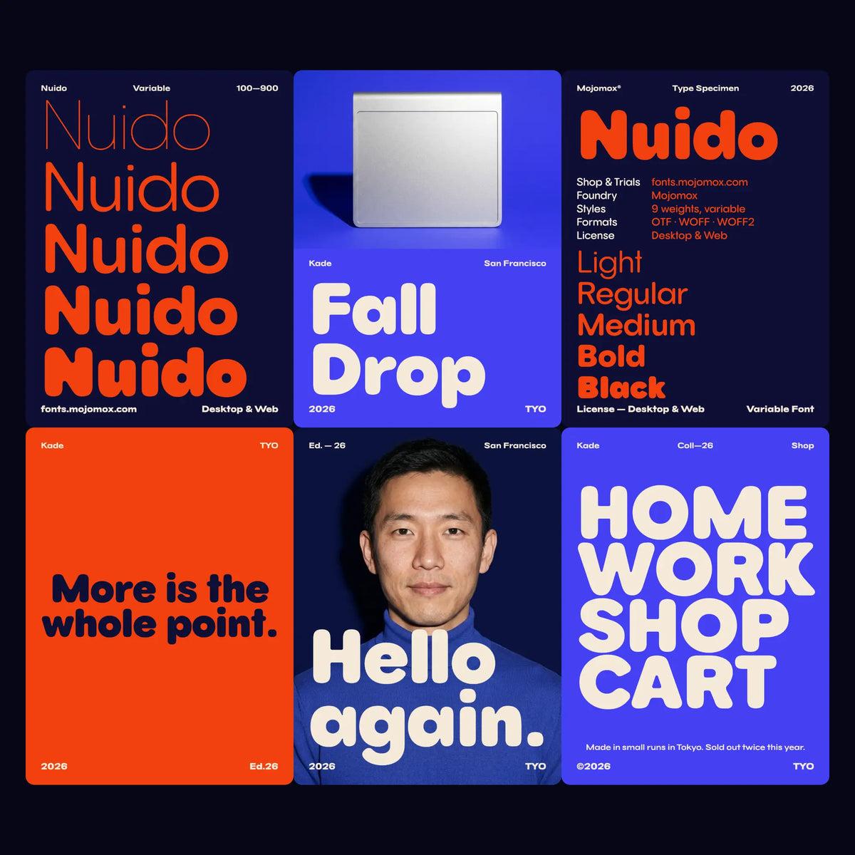 Nuido friendly sans family in a brand campaign: names, headlines, weights 300 to 900 and a type specimen