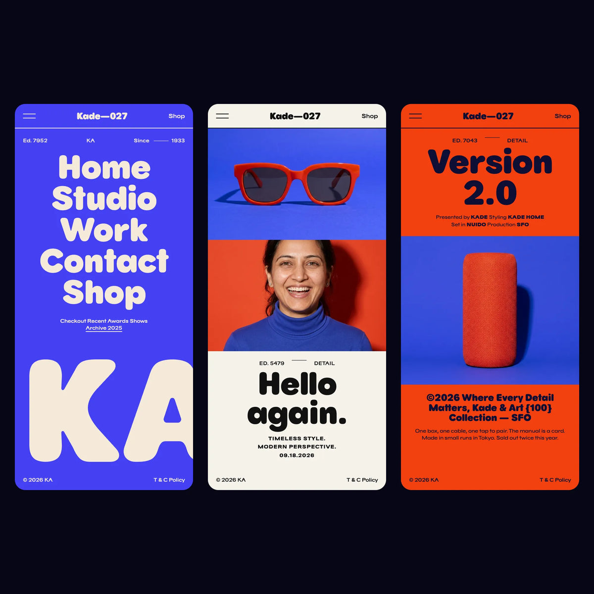 Nuido soft rounded sans font on a tech brand's mobile website: nav list with monogram, shop and story screens