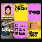 Plox chunky rounded block font in a brand campaign for a kidswear label: portrait, big word, nav list, weights and striped sweaters