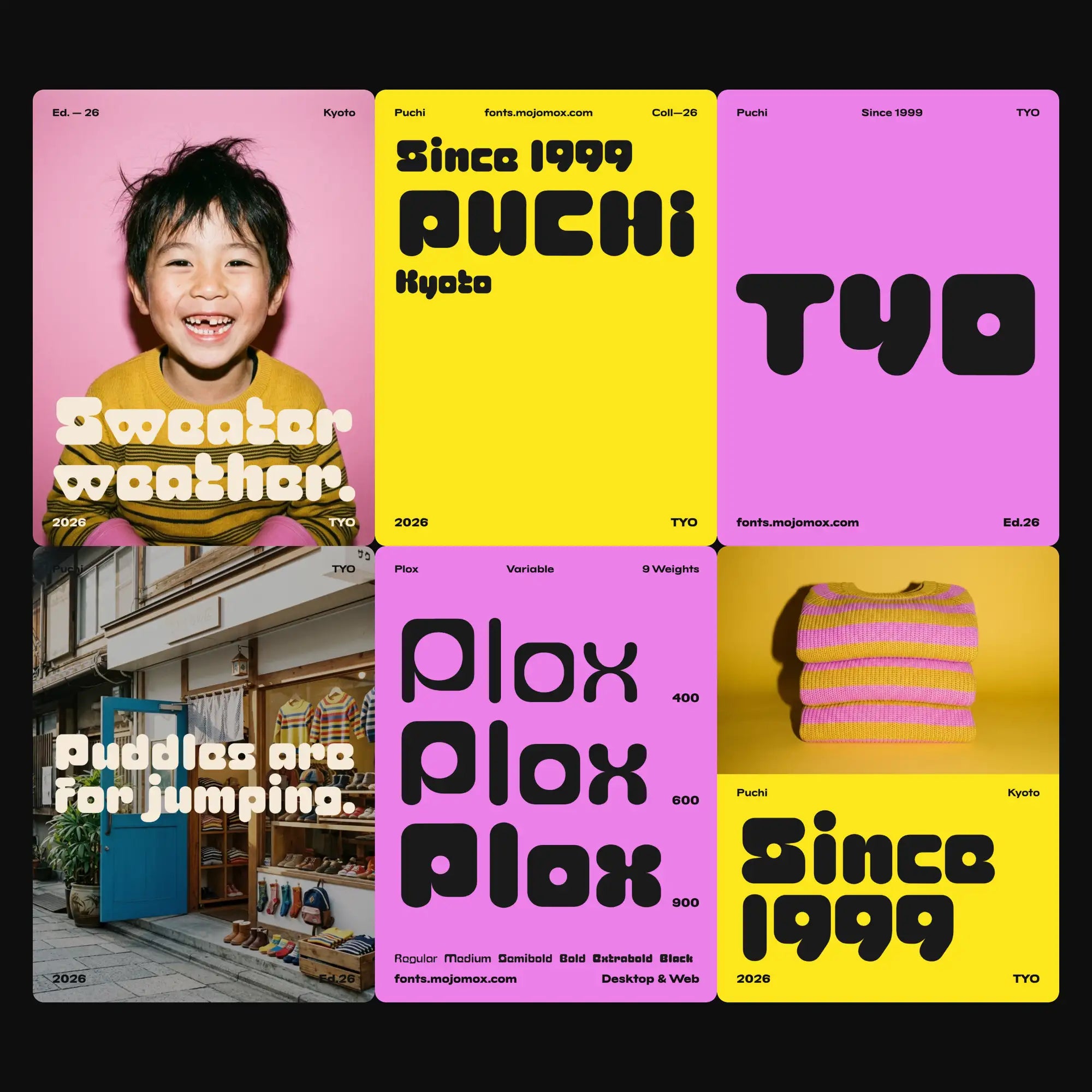 Plox chunky rounded block font in a brand campaign for a kidswear label: portrait, big word, nav list, weights and striped sweaters