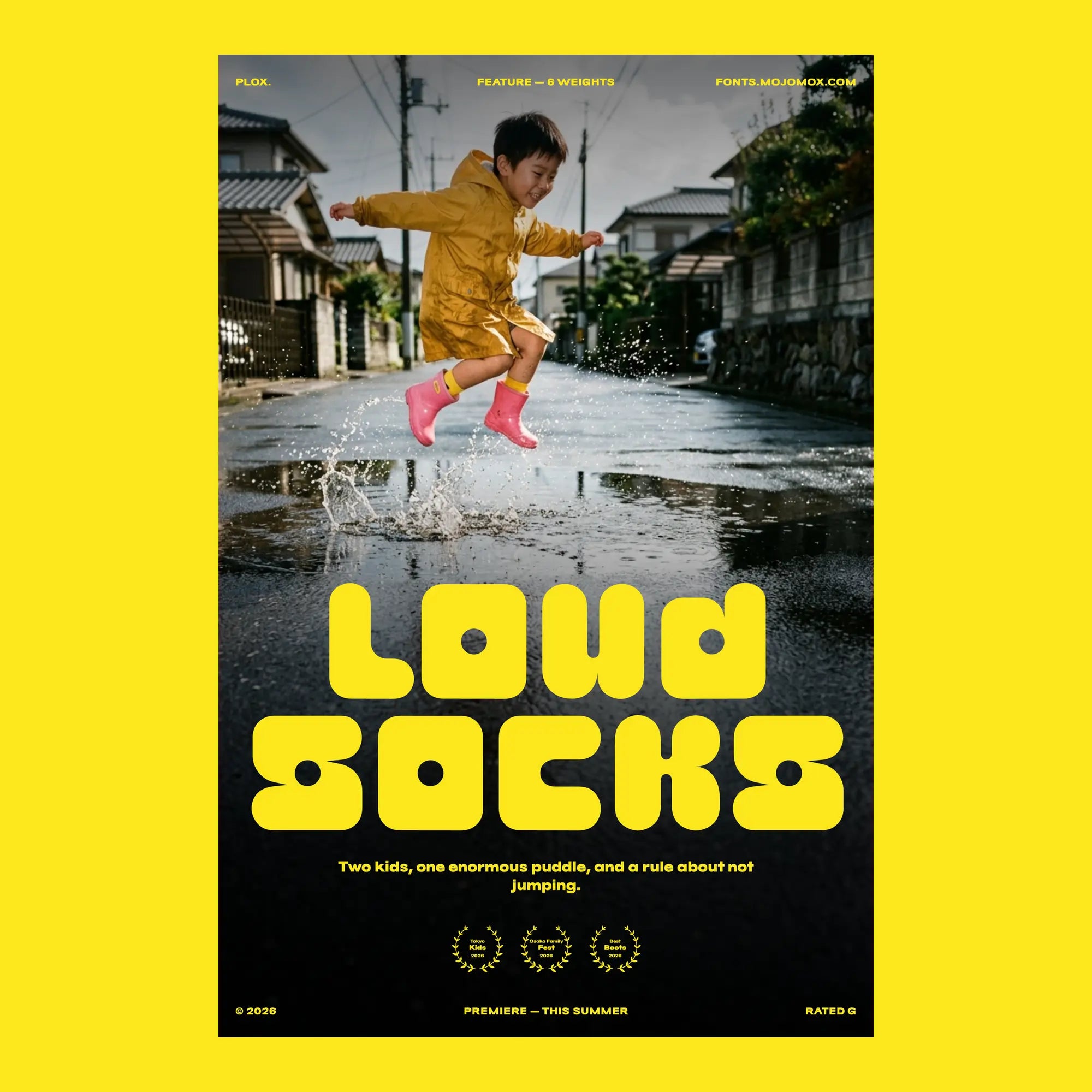 Plox chunky rounded block font as a kids film poster title, Loud Socks, with credits and festival laurels