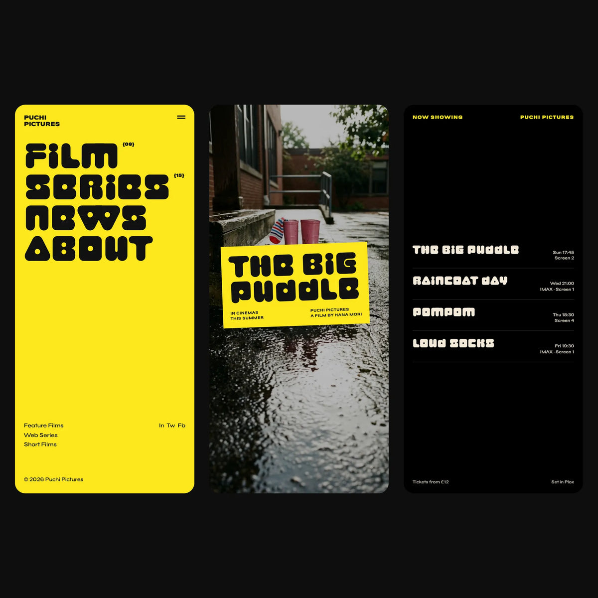 Plox chunky rounded block font on a film studio's mobile website: menu, title slab and listings