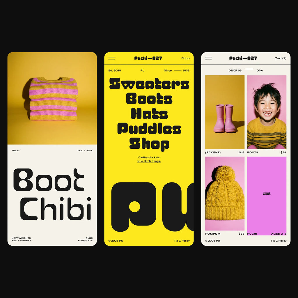 Plox chunky rounded block font on a kidswear brand's mobile website: split page, nav list and shop grid