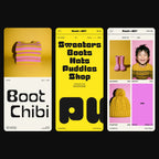 Plox chunky rounded block font on a kidswear brand's mobile website: split page, nav list and shop grid