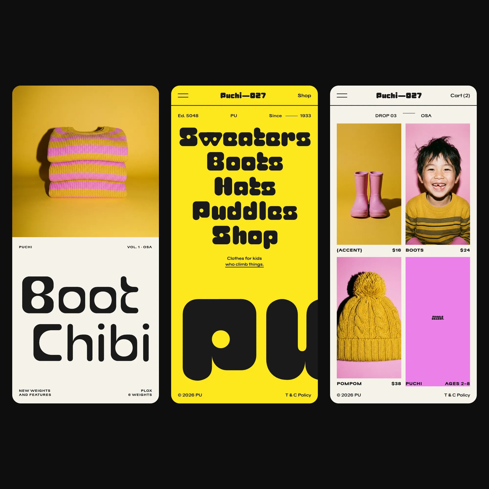 Plox chunky rounded block font on a kidswear brand's mobile website: split page, nav list and shop grid