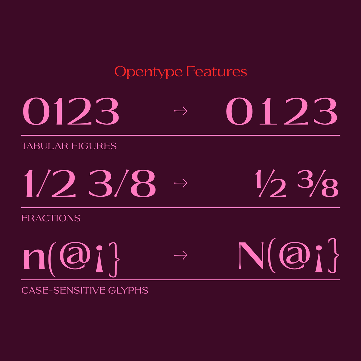 Ques OpenType feature samples with figures and fractions