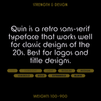 Design concept of the Quin typeface on a black background with gold accents.