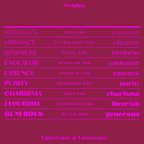 Rati, 9 font weights in uppercase and lowercase