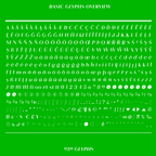 Complete glyph set overview for the Roma modern contrast sans-serif font