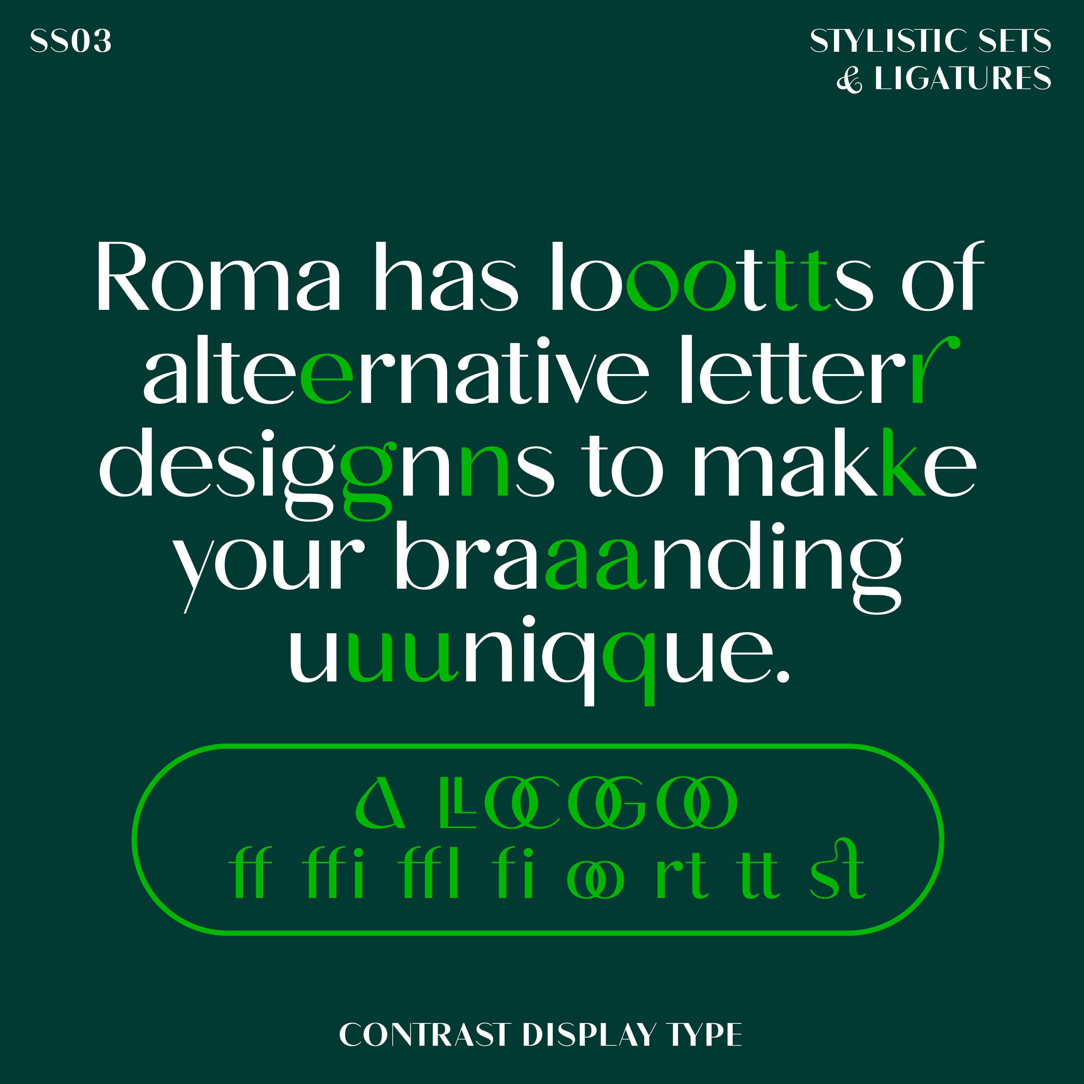 Roma, stylistic sets and ligatures