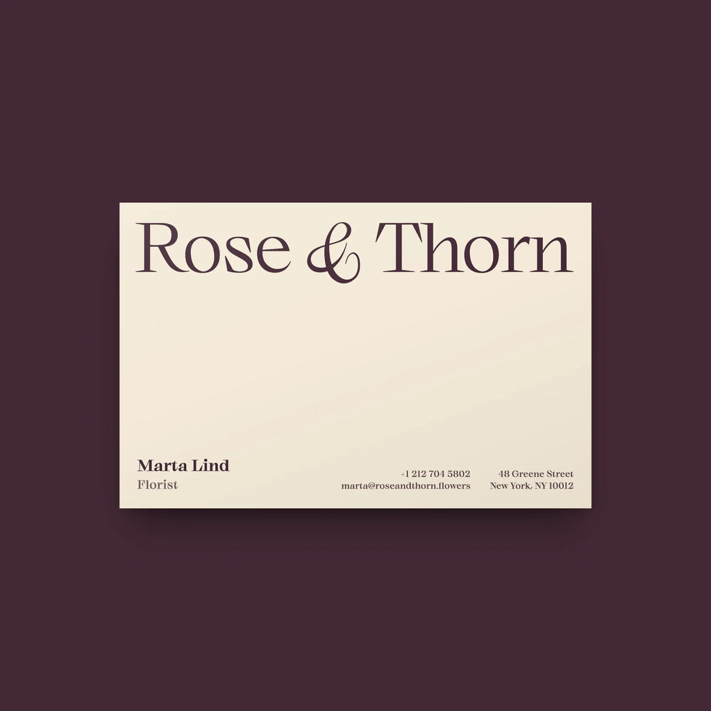 Rozi serif font on a florist business card, Rose and Thorn