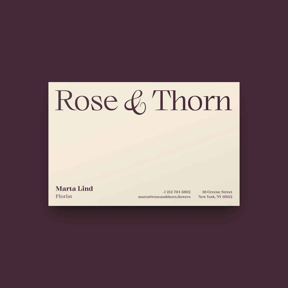 Rozi serif font on a florist business card, Rose and Thorn