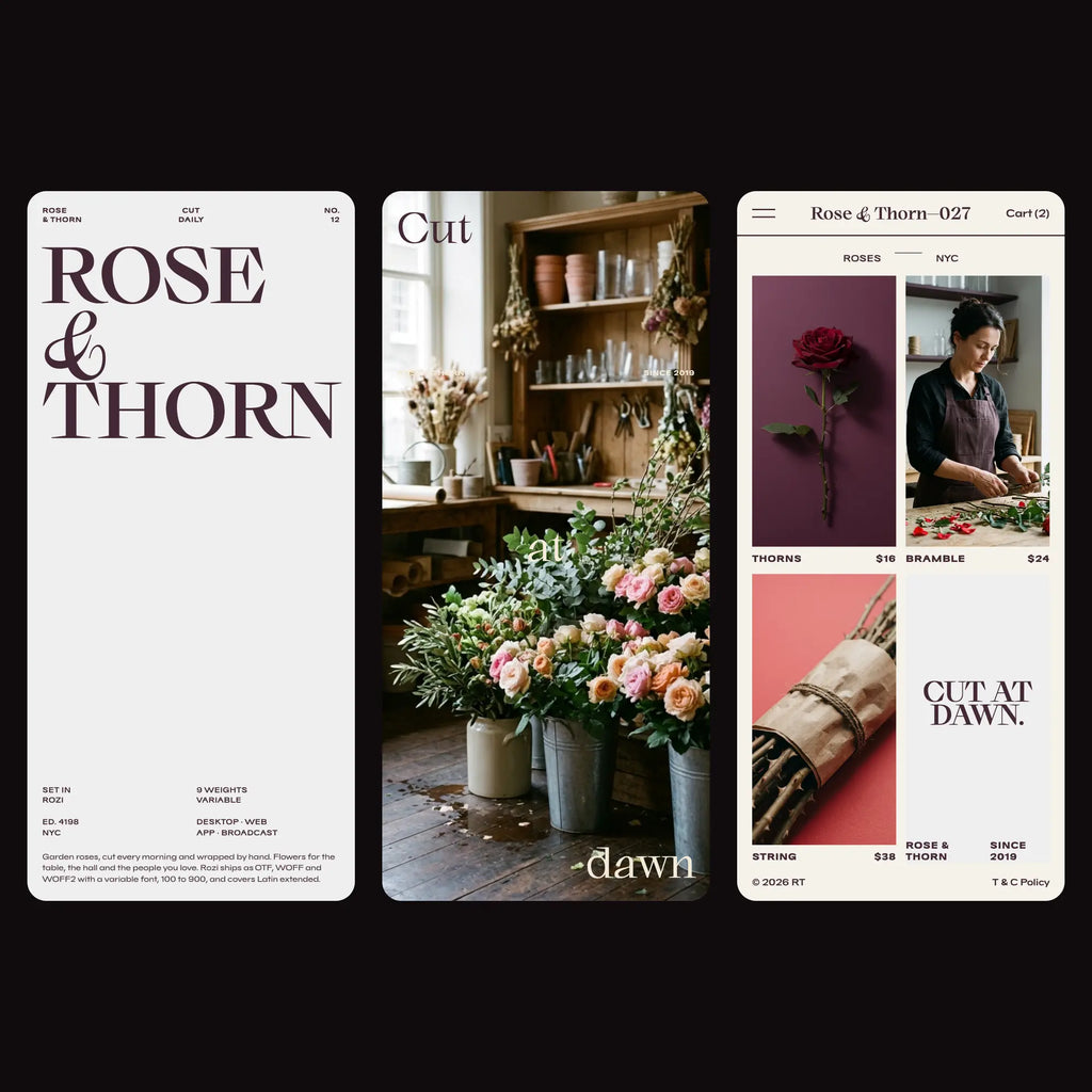 Rozi serif font on a florist website: Rose and Thorn on three phone screens