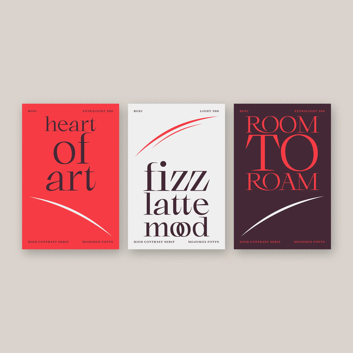 Rozi high contrast serif font in three type posters: heart of art, fizz latte mood, room to roam