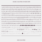 Complete glyph set overview for the Rozi elegant sharp serif font