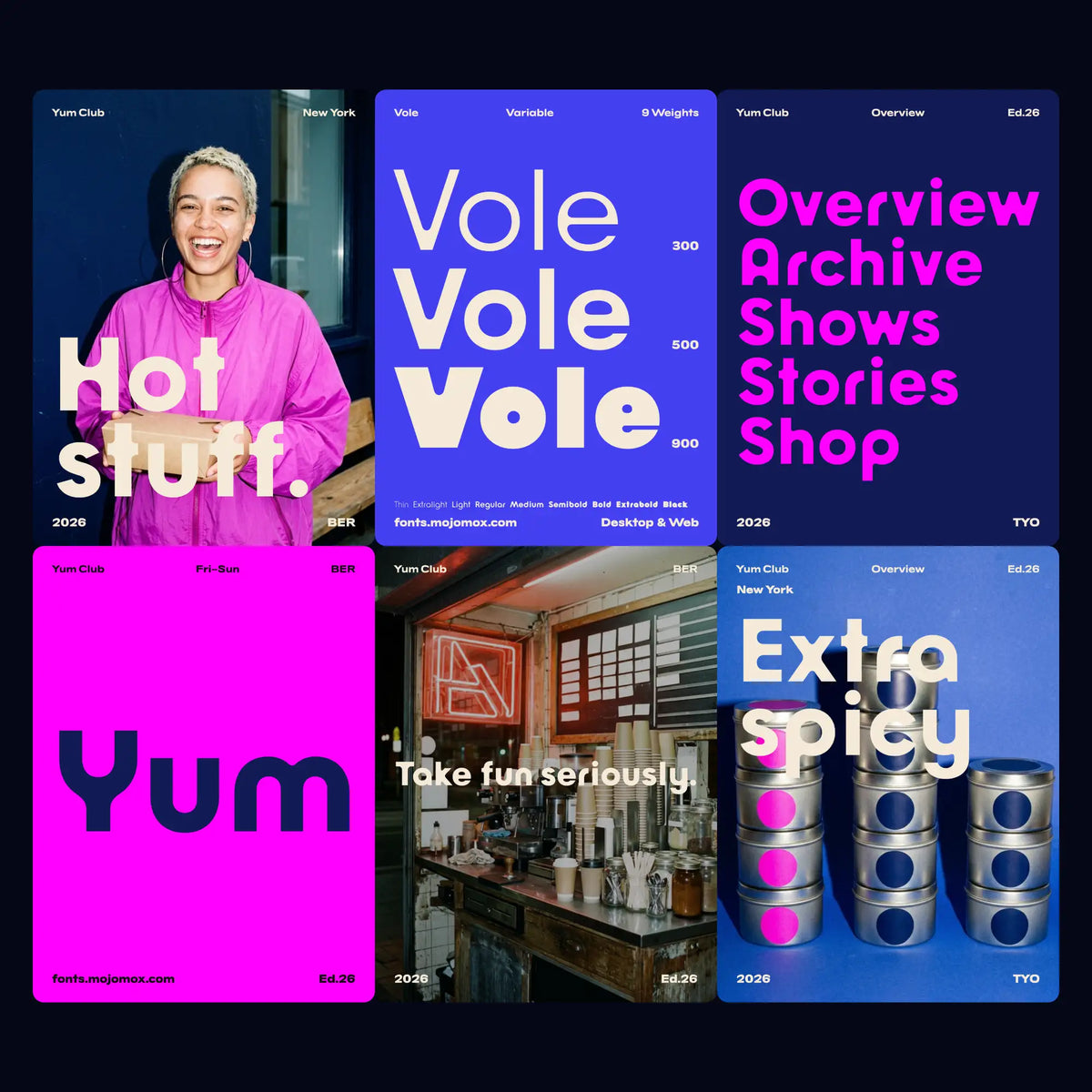 Vole modern geometric sans in a brand campaign for a snack club: portrait, weights, nav list, big word, quote and jars