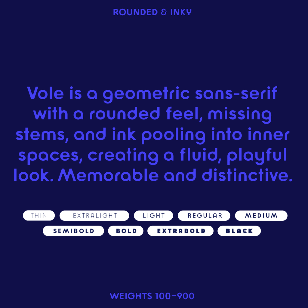 Vole water font character, sans serif, rounded, inky
